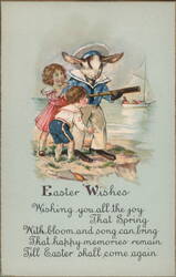 Anthropomorphic Easter Bunny with Spyglass, Children at Seaside With Bunnies Postcard Postcard Postcard