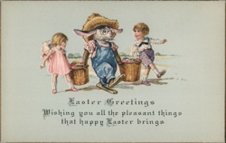 Easter Bunny with Baskets and Children - Vintage Holiday Postcard With Bunnies Postcard Postcard