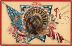 Patriotic Thanksgiving Turkey with US Flag - Vintage Holiday Greeting Postcard