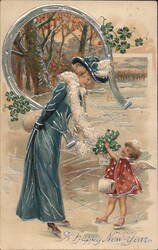 Elegant Woman & Cherub Ice Skating, Happy New Year, Silver Embossed Postcard