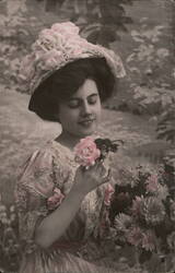 Young Woman with Roses, Pink Dress & Hat Women Postcard Postcard Postcard