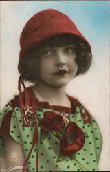 Girl in Red Hat, Green Dress, Belgian Postcard, c. 1923 Girls Postcard Postcard