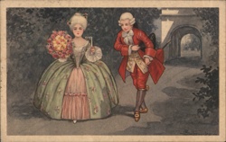 Couple in Rococo Fashion, Park Stroll, Colorful Illustration Postcard Postcard