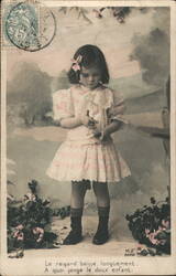 Little Girl with Pink & White Dress, France - Vintage Postcard Girls Postcard Postcard