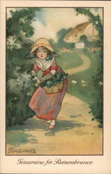 Girl Picking Jessamine Flowers, English Countryside, Vintage Illustration Agnes Richardson Postcard Postcard Postcard