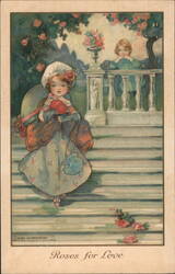 Roses for Love, Children on Steps, Agnes Richardson Illustration Postcard Postcard Postcard