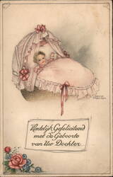 Baby Girl in Bassinet, Dutch Birth Announcement Postcard Babies Hannes Petersen Postcard Postcard