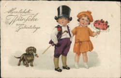 Birthday Greeting with Children, Dachshund, and Flowers - Vintage Postcard Postcard Postcard