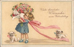 Little Girl with Bouquet & Dogs, Germany - Color Birthday Postcard Postcard