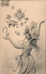 Lucky Girl with Pig, Horseshoe & Four-Leaf Clovers, Vintage Illustration Pigs Postcard Postcard Postcard