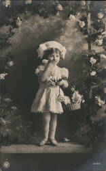 Little Girl with Basket of Roses, France - Vintage Postcard Girls Postcard Postcard