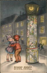 Children Hugging by Advertising Kiosk, Bonne Année, Night Scene Hannes Petersen Postcard Postcard Postcard