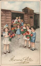 Children with Flowers, Bonne Fete Greeting, Vintage Postcard Postcard