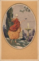 Elegant Woman by Fountain, Winter Scene - Art Nouveau Postcard Artist Signed T. Corbella Postcard Postcard