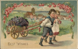 Children with Flower Cart, German Village Scene, Vintage Postcard With Children Postcard Postcard