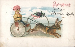 Chick in Carriage Pulled by Rabbit, Easter Greeting Postcard