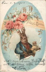 Anthropomorphic Easter Bunny & Chick, Floral Garland, c. 1903 With Bunnies Postcard Postcard Postcard