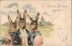 Three Easter Bunnies in Formal Wear - 1908 Holiday Greeting With Bunnies Postcard Postcard Postcard