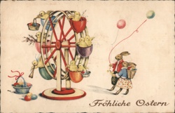 Easter Chicks Ferris Wheel & Bunnies, Vintage Czech Postcard Postcard Postcard