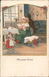 Family Scene with Newborn Baby, Domestic Bliss, Vintage Illustration Babies Pauli Ebner Postcard Postcard Postcard