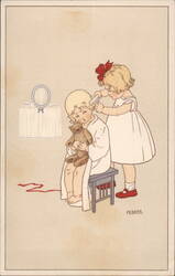 Two Girls, One Combing the Other's Hair, Children's Postcard Postcard