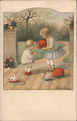 Two Children Playing with Toys, Artist Signed - Color Illustration Postcard