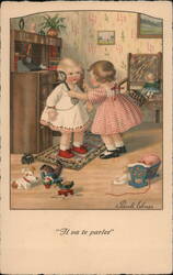 Two Children Playing with a Telephone - Vintage Illustration Postcard