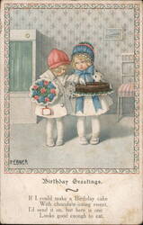 Two Girls with Cake and Flowers - Birthday Greeting Pauli Ebner Postcard Postcard Postcard