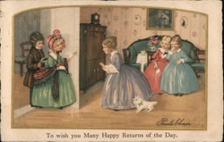 Children at the Door, Birthday Greeting, Vintage Illustration Pauli Ebner Postcard Postcard Postcard