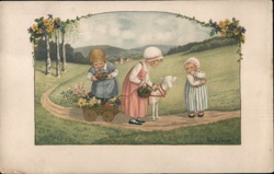 Children with Lamb and Cart, Easter Greetings, Colorful Illustration With Children Pauli Ebner Postcard Postcard Postcard