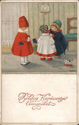 Three Children Playing Dress-Up, Vintage Hungarian Holiday Postcard Postcard