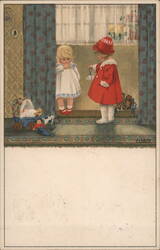 Two Little Girls Playing Dress-Up, Vintage Children's Illustration Pauli Ebner Postcard Postcard Postcard