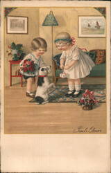 Children with Dog, Roses & Gift, Vintage Illustration Pauli Ebner Postcard Postcard Postcard