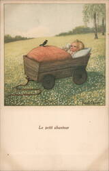 Baby in Wagon with Bird, Pastoral Scene, Color Illustration Babies Pauli Ebner Postcard Postcard Postcard