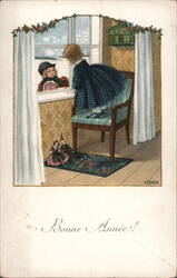 Children at Window, Bonne Année Greeting, Vintage Postcard Pauli Ebner Postcard Postcard