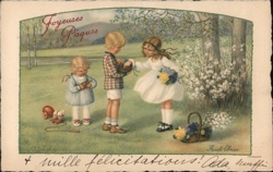 Joyeuses Pâques: Children with Easter Eggs & Flowers - Color Postcard With Children Pauli Ebner Postcard Postcard