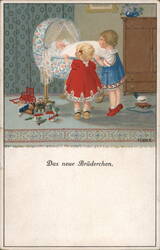 Two Girls Admire Baby Brother in Cradle, Vintage German Postcard Babies Pauli Ebner Postcard Postcard