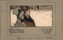 Couple in Winter, Clapton, London, Vintage Illustration Artist Signed Ethel Parkinson Postcard Postcard Postcard