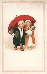 Antique Christmas Postcard: Children with Gifts Under Umbrella Postcard Postcard