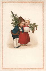 Two Children with Pine Branches - Vintage Holiday Postcard Postcard