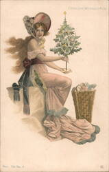 Victorian Woman with Christmas Tree, Antique Holiday Postcard Toys Postcard Postcard