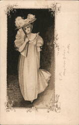 Woman in Polka Dot Dress with Fan and Feathered Hat - Sepia Postcard Women Postcard Postcard