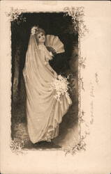 Victorian Bride with Fan and Bouquet, Sepia Postcard Postcard