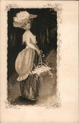 Young Woman with Flower Basket, France - Sepia Postcard Women Postcard Postcard