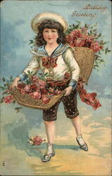 Boy with Rose Baskets, Birthday Greeting - Vintage Postcard Postcard