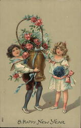 Children with Basket of Roses - Happy New Year Greeting Postcard