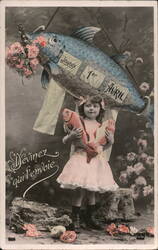 April Fool's Day Postcard, Girl with Fish, France, Vintage Postcard