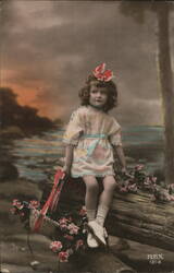 Charming Girl on Log with Flowers, Colorized Vintage Postcard Postcard