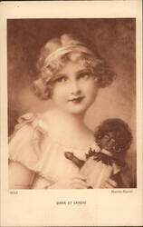 Antique Doll & Girl Postcard, Sepia-Toned Portrait Black Americana Martin-Kavel Postcard Postcard