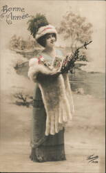 Happy New Year Lady with Gifts & Fur Stole - Belgium - Colorized Beautiful Ladies Postcard Postcard Postcard